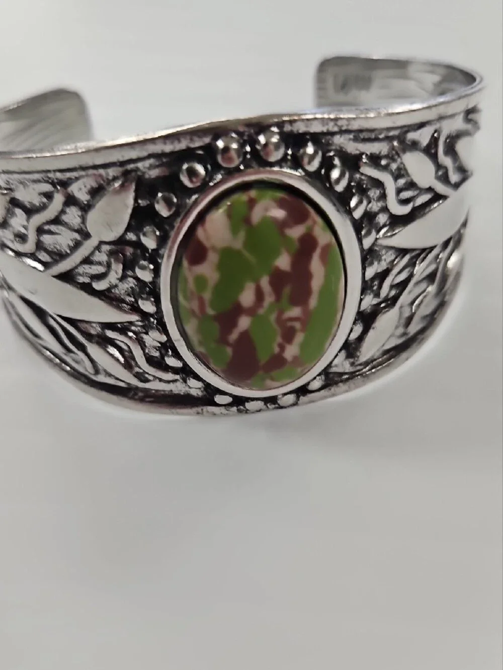 Silver-Tone Floral Cuff Bracelet with Green and Burgundy Stone